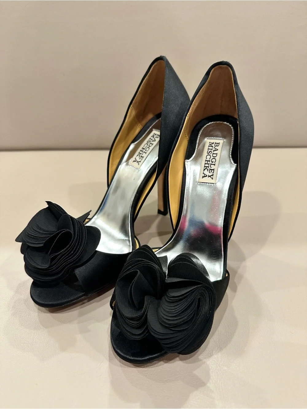 Badgley Mischka Black Satin Peep-Toe Pumps with Flower Accent - Picture 1 of 8